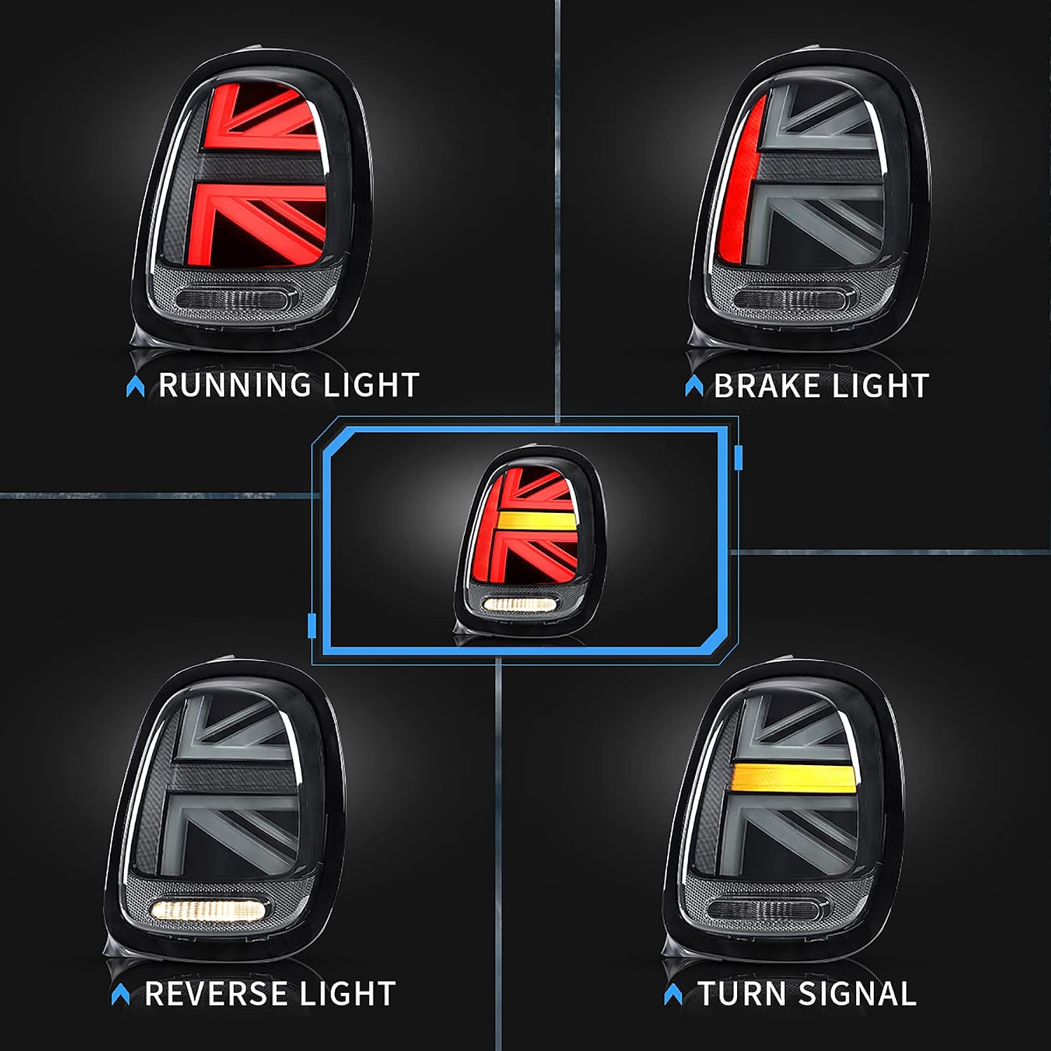 VLAND LED Tail Lights Compatible with BMW Mini Cooper F55 F56 F57 2014-2021（NOT Fit Cooper S） Union Jack Rear Lamp Assembly w/Switchback, L+R Pairs (Tinted Bezel Smoke Lens)