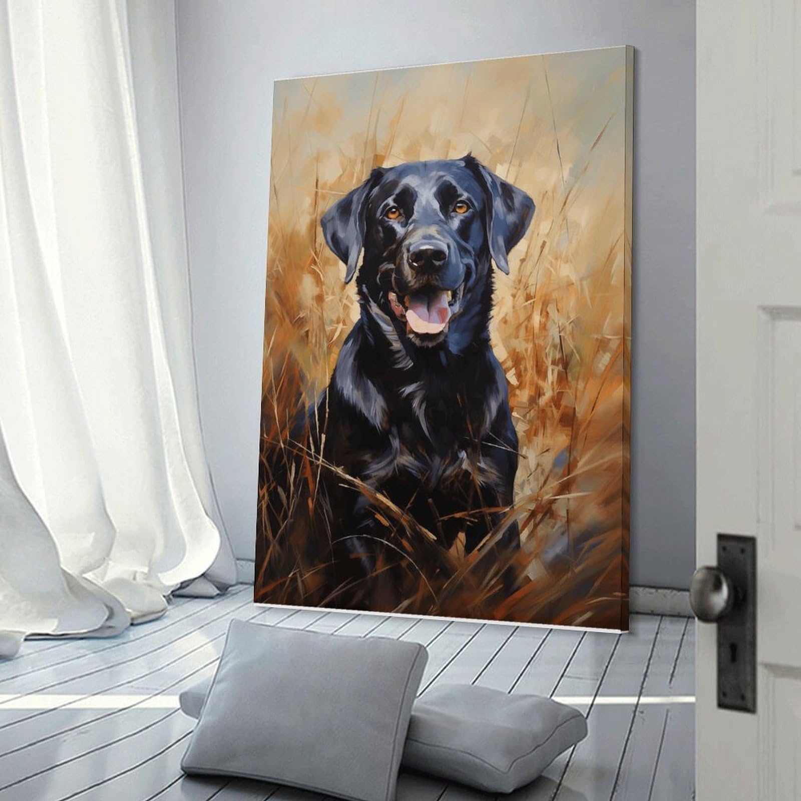 Junmoney Frame-Style-18 Black Labrador Retriever Painting Canvas Wall Decor, 24X36inch(60X90cm), For Flats, Guest Rooms Or Compact Rooms, Decorative Canvas Decor For Home Updates