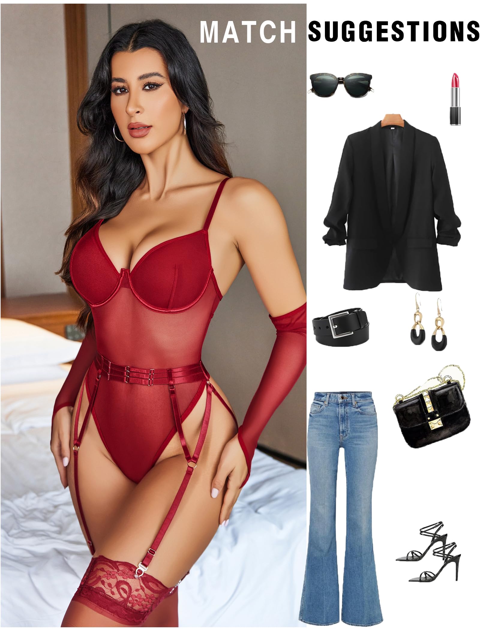 Avidlove Sexy Lingerie for Women Mesh Teddy Lingerie with Garter Underwire Exotic Bodysuit(Including Oversleeves): Avidlove Lingerie for Women Sexy Mesh Garter Teddy Bodysuit Lingerie One Piece Underwire Babydoll with 1 Pair Oversleeves