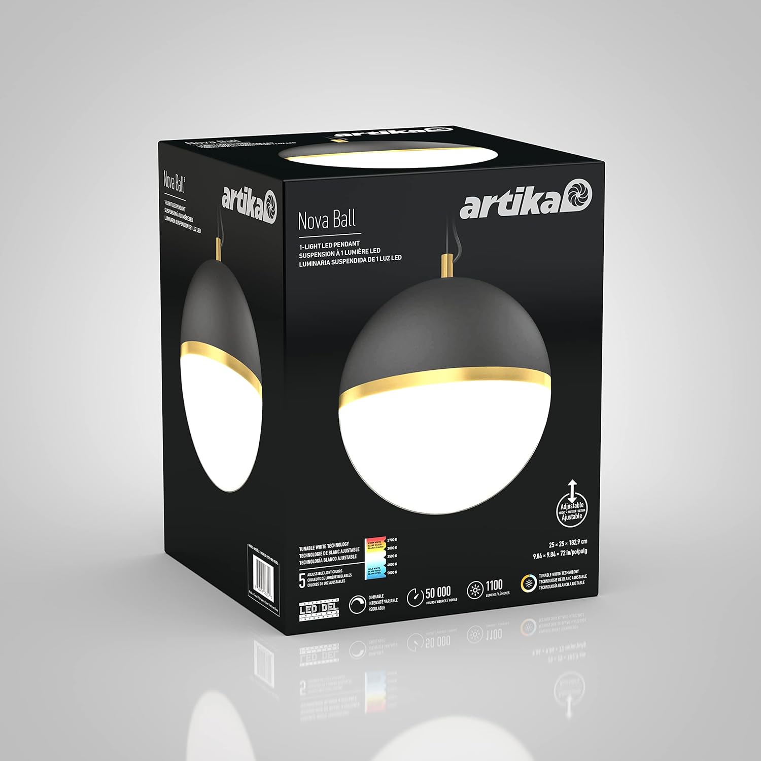 artika Nova 15W LED Large Ball Pendant Light Fixture for Kitchen Island, Black and Gold - 1100 Lumens, Tunable White Color Technology, No Bulb Required