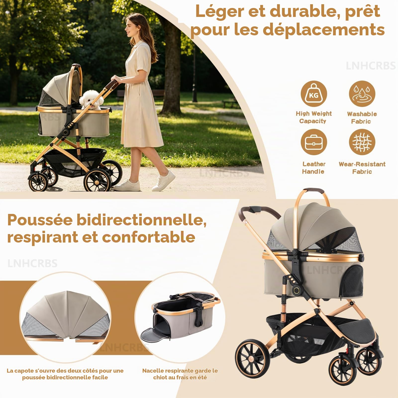 Lnhcbrs Poussette Pour Chien,Panier Amovible,Moustiquaire,Tissu Anti-Griffures,Châssis Aluminium (22kg,Pliage Simple,Double Frein,Idéale Comme Poussette Chien Tout Terrain Et Poussette Pour Chat,Kaki