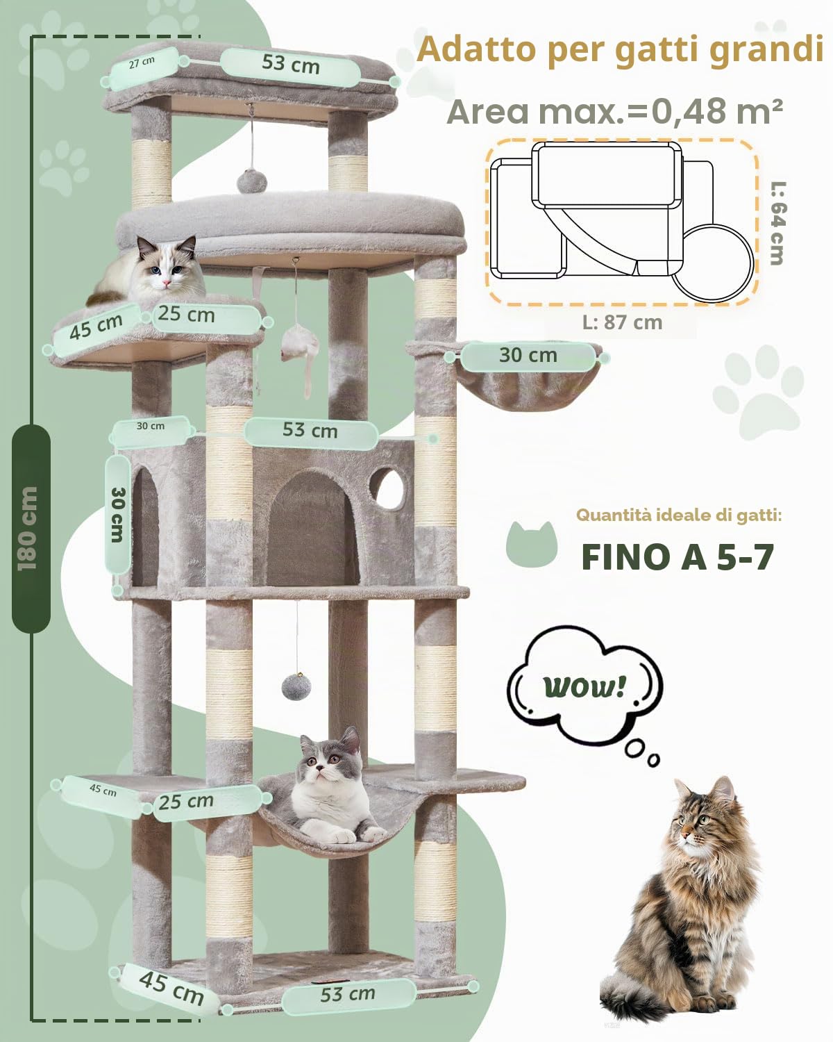 Taoqimiao Tiragraffi per Gatti, 180cm Stabile Tiragraffi per Gatti Adulti xxl con Accogliente Grotte, Amaca, Piattaforma extra large, cestino Sospeso, 8 Pali Graffiatoi, Grigio Chiaro MS034W