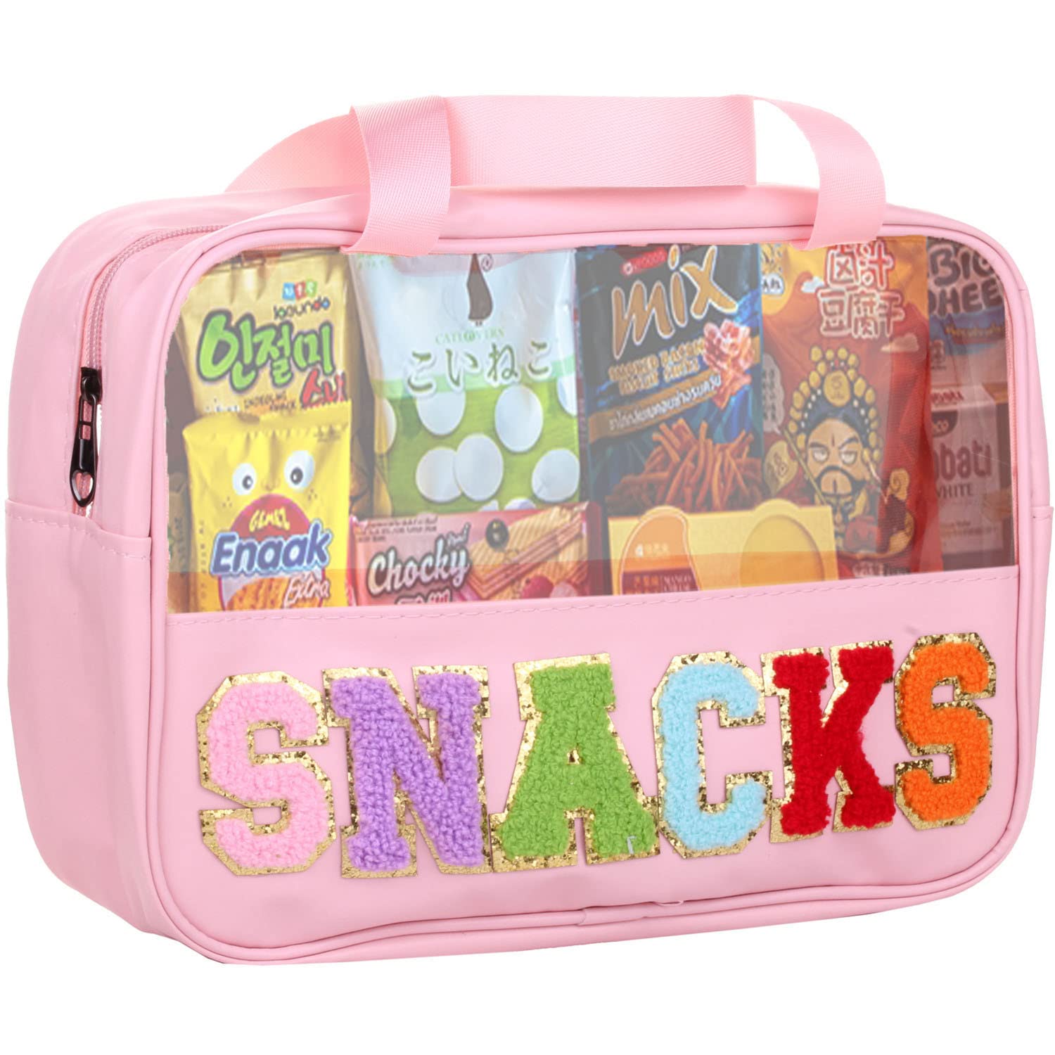CRUOXIBB Chenille Letter Clear PVC And PU leather Large Travel Cosmetic Toiletry Storage Bag Waterproof Makeup Tote Bag Organizer Bag for Women(SNACKS-Pink)
