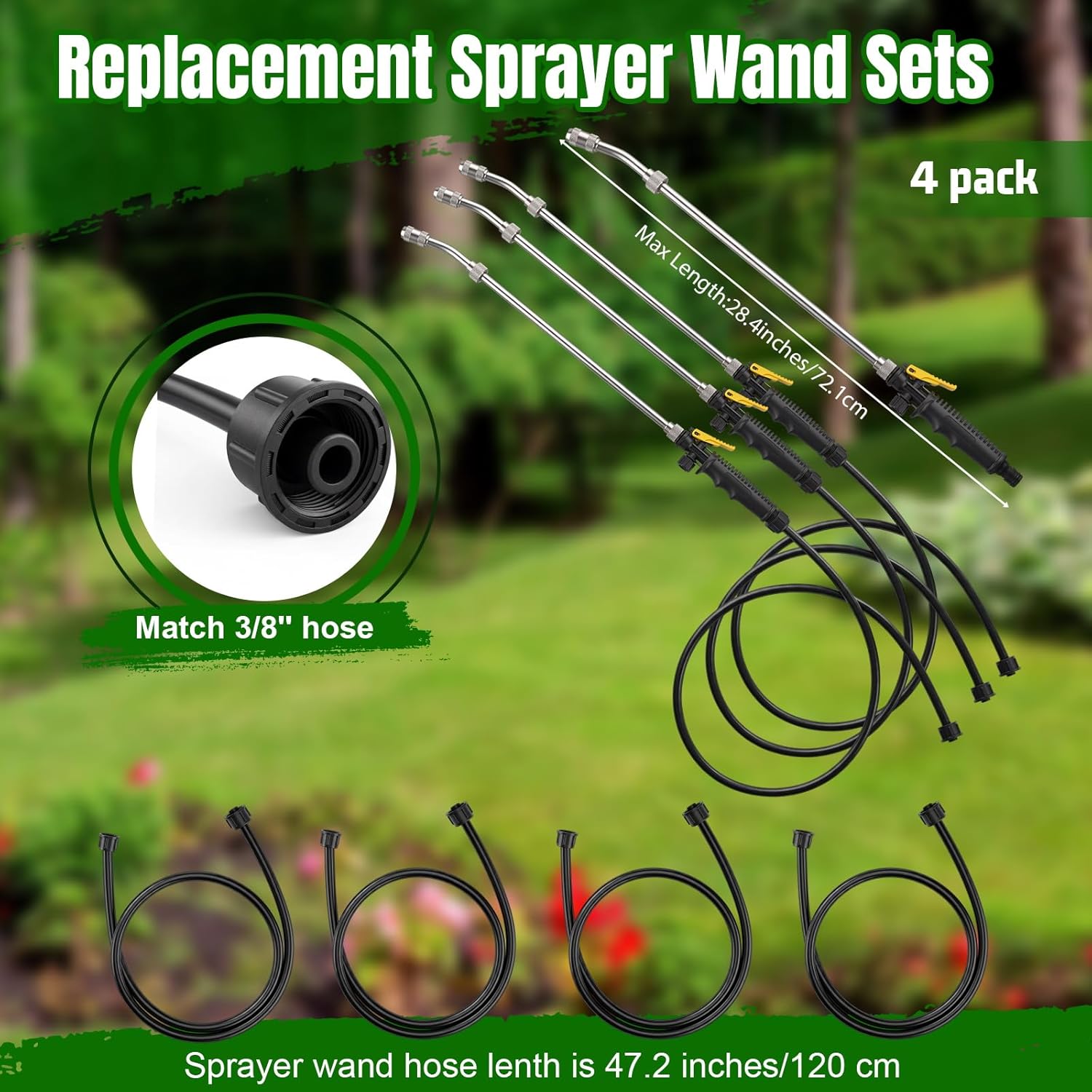 4 Pack Replacement Sprayer Wands with Hoses Compatible with Ryobi 24 Inch Pump Sprayer Part with Adjustable Nozzle Trigger Wand Match 3/8'' Hose Universal Stainless Steel Water Spray Parts