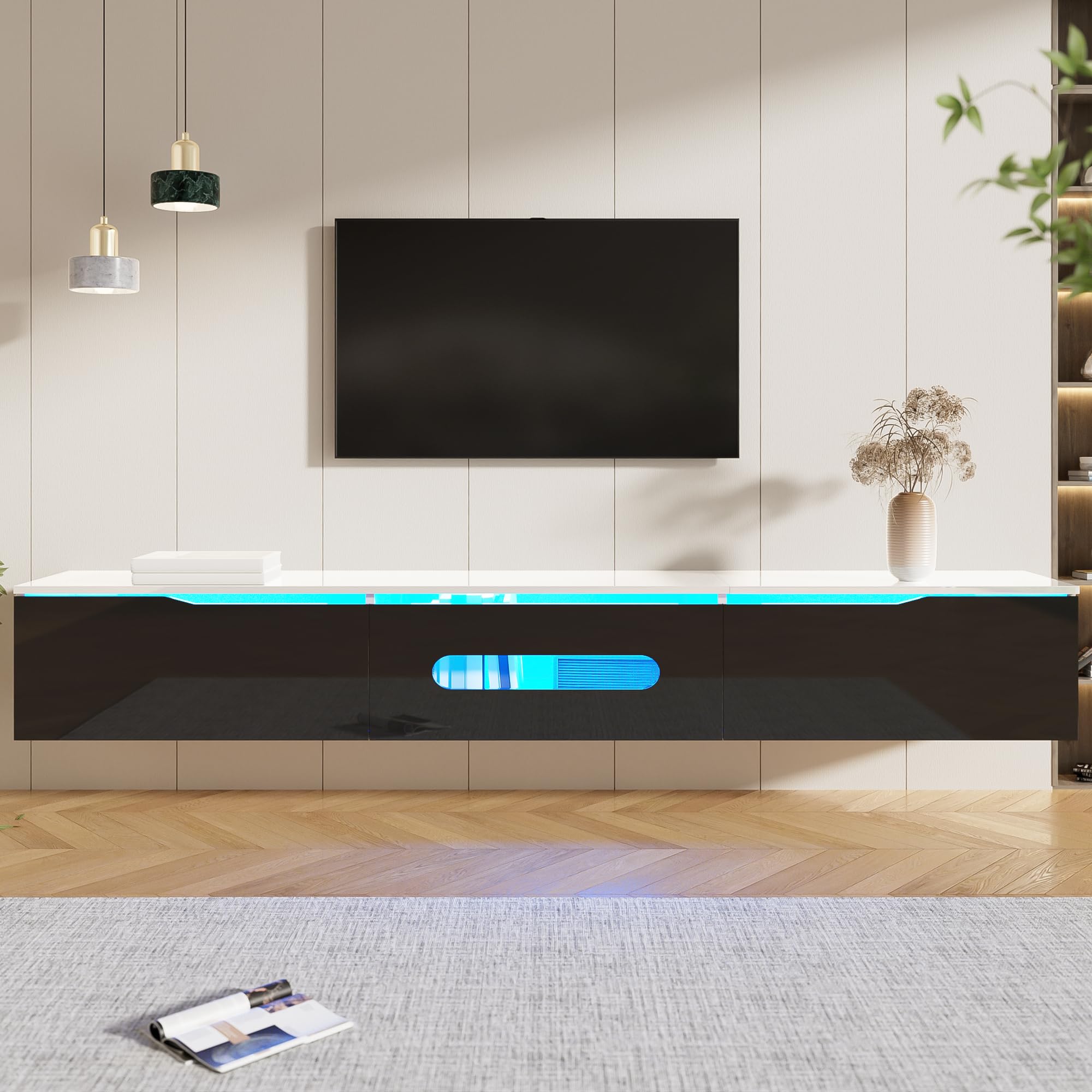 Merax TV cabinet, Media Wall Unit, Black and White TV Unit 180cm Storage Sideboard with High-Gloss Finish, 16-Color LED Light Strip, 3 black doors, Floor-standing or wall-mounted, 180 L × 35 W × 30 H — image 1