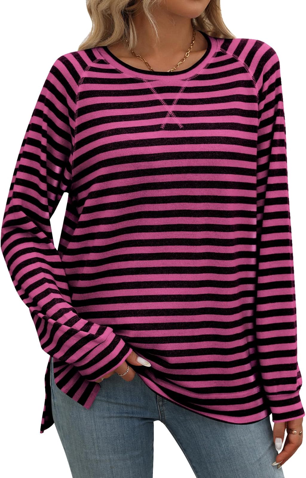 Womens Long Sleeve Tops Striped Sweatshirts Casual Crew Neck Tops Basic T Shirts Spring Autumn Winter Tunic Clothes M-XXL