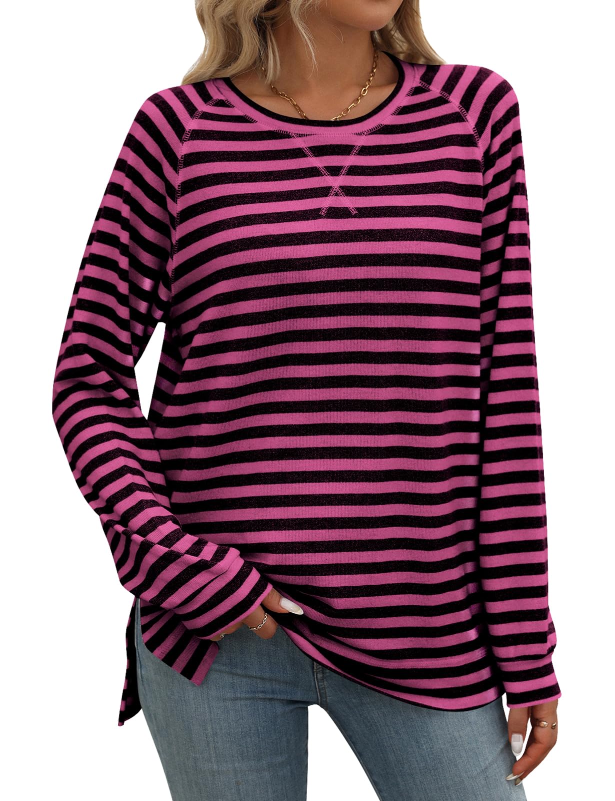 Womens Long Sleeve Tops Striped Sweatshirts Casual Crew Neck Tops Basic T Shirts Spring Autumn Winter Tunic Clothes M-XXL
