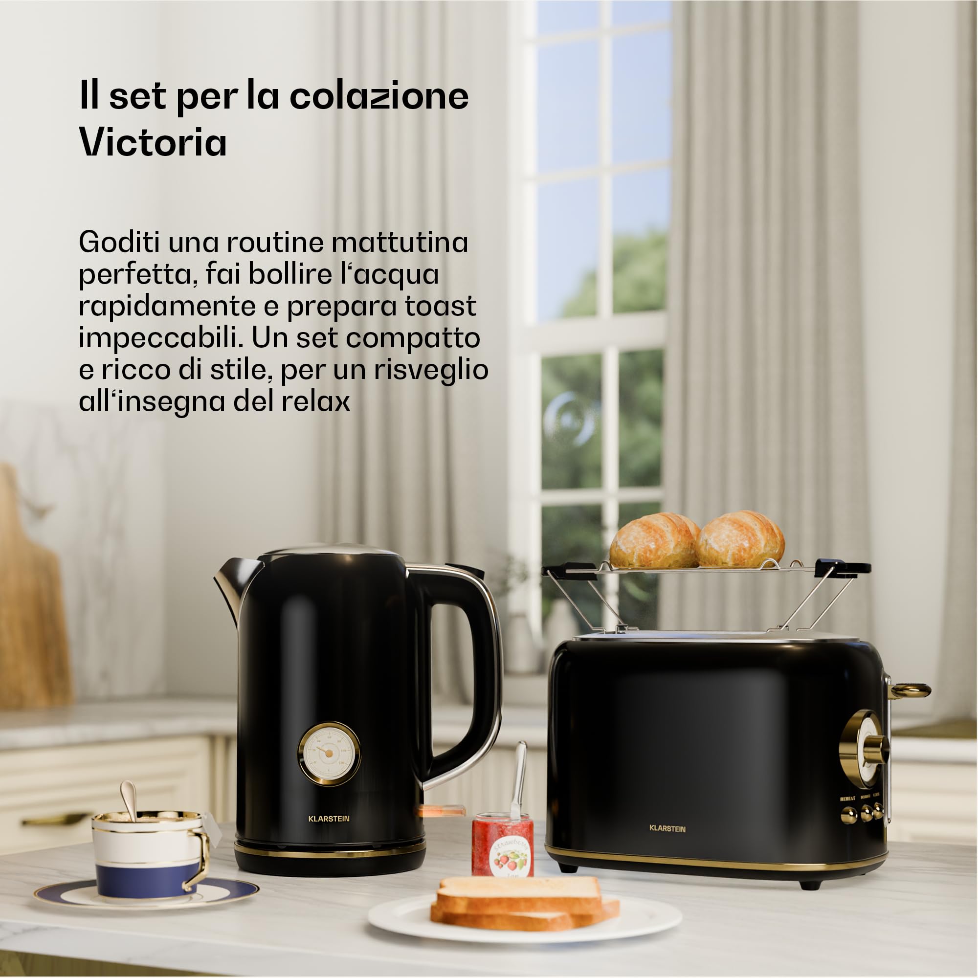 Klarstein Victoria Essential Set per la Colazione - Tostapane 2 Fette con 7 Livelli, Vassoio Raccogli Briciole, Supporto Panini, Bollitore Elettrico 1,7L con Filtro Anticalcare, Nero