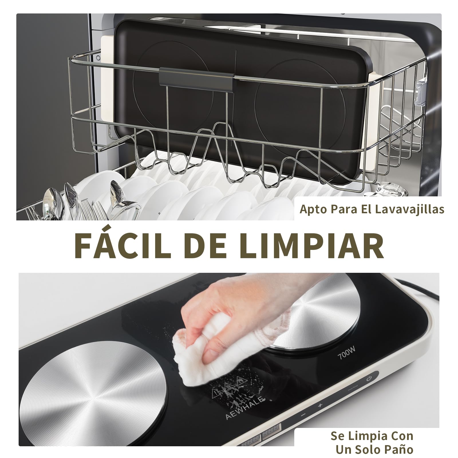 AEWHALE Parrilla eléctrica, placa de cocción de cerámica extraíble para uso doméstico, revestimiento antiadherente, 1300 W + 700 W, ajustes de temperatura y temporizador regulables