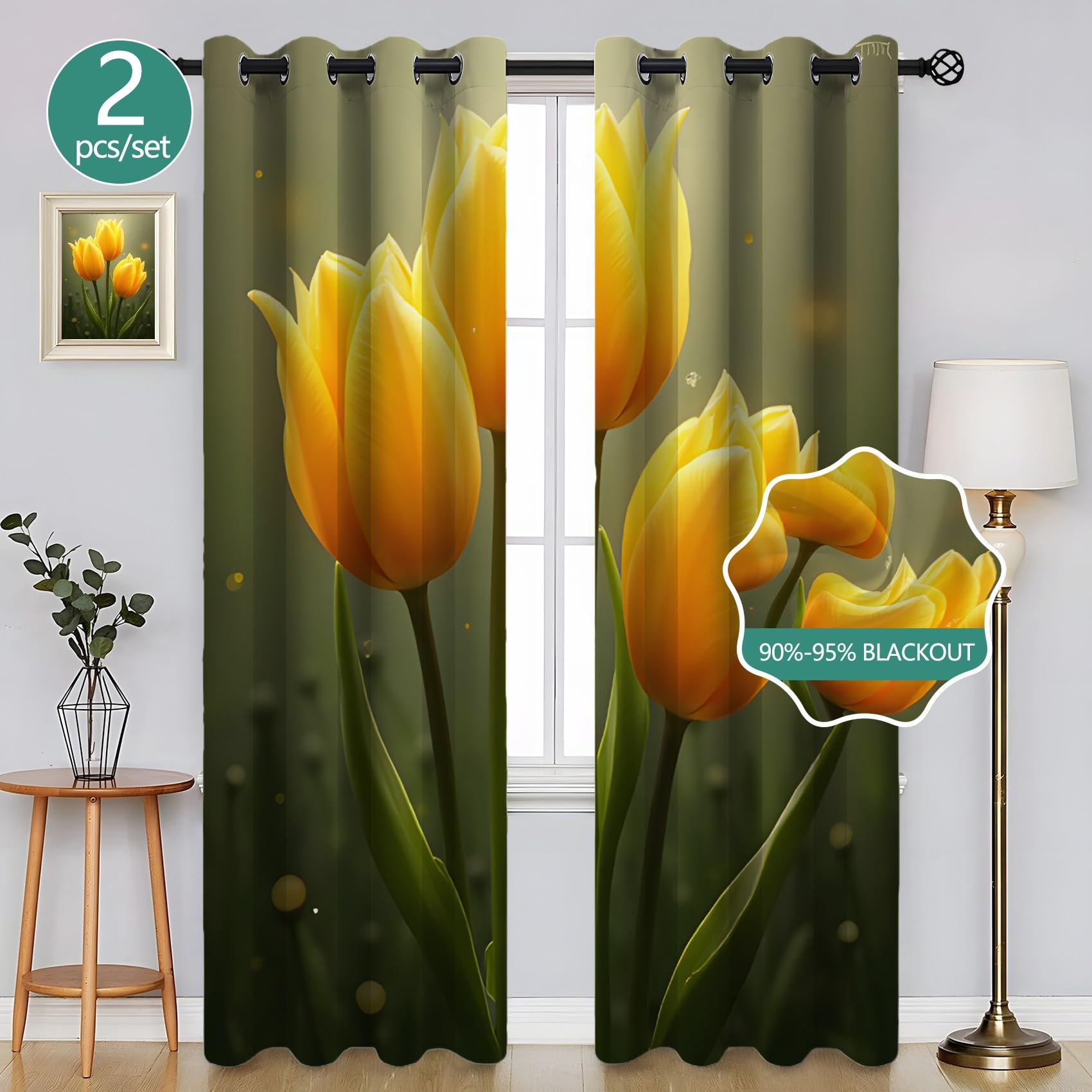 Genérico Izolowane termicznie zasłony zaciemniające 2 sztuki - 140x145cm, żółty tulipan, zasłony dekoracyjne salon/sypialnia, z pierścieniem do zasłony SA1766