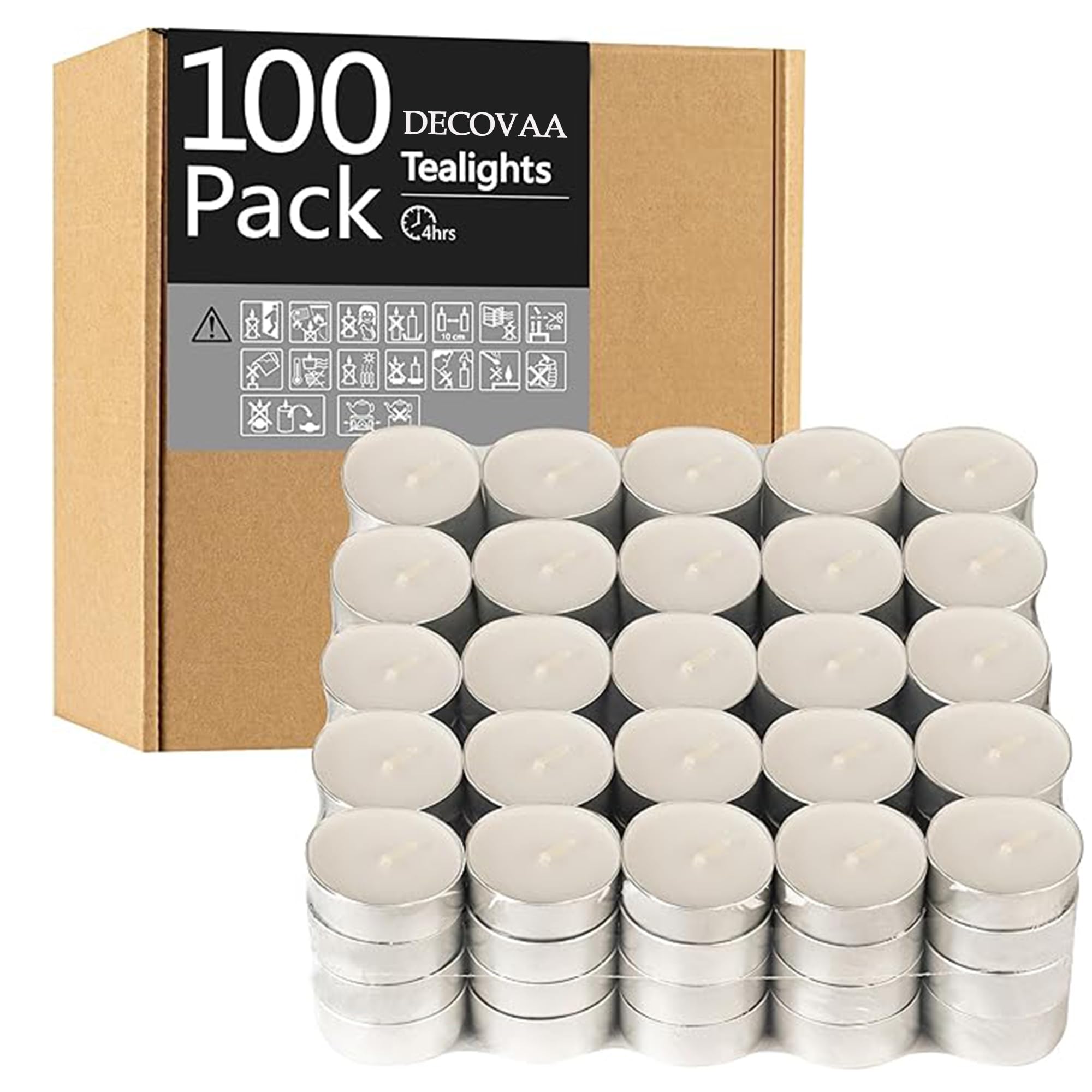 4 Hours Unscented Tealight Candles, Long-Lasting and Clean-Burning Paraffin Wax Tea Light, Smokeless Candle for Home Décor, Romantic Dinners, Weddings, Diwali Decorations (Pack of 100)