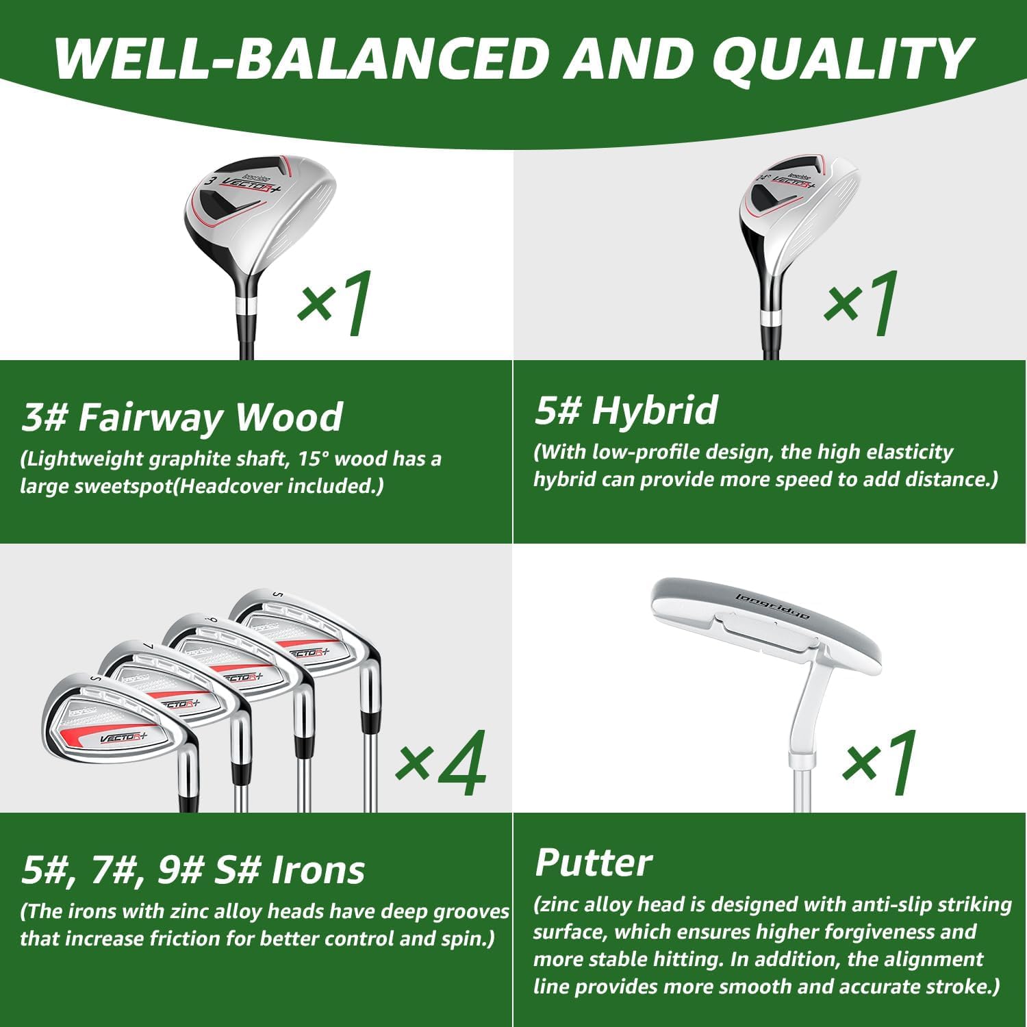 XKISS Set completo di mazze da golf per mancini/destrorsi da uomo donna 8 pezzi, include sacca con copertura antipioggia, legno da fairway 3# con copritesta, ibrido 5#, ferri 5#, 7#, 9# S# e putter