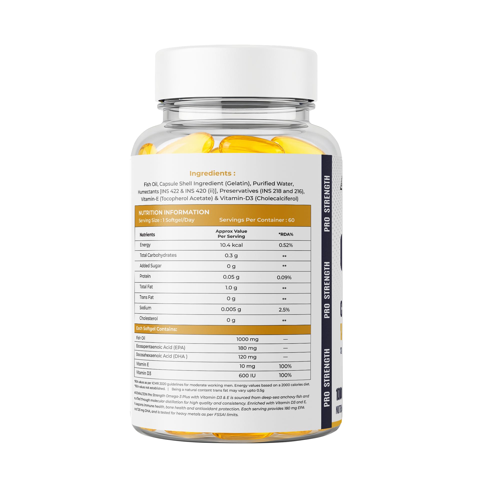 NATURALTEIN Pro Strength Omega 3 Plus Fish Oil 1000mg with EPA 180mg & DHA 120mg | Enriched with Vitamin D3 & Vitamin E | Supports Heart, Brain, Skin, Eye & Joint Health | Heavy Metal Tested | 60 Softgels — Amazon image 2