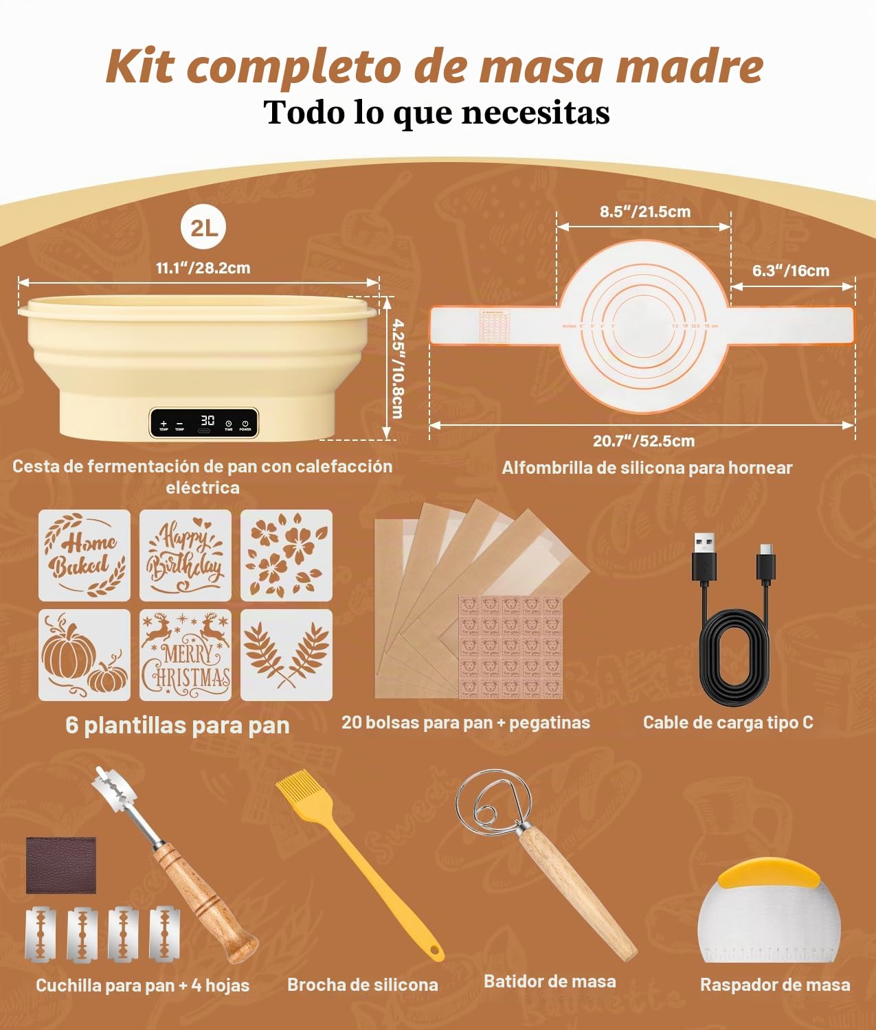 WADEO Juego de 18 piezas para fermentación de pan, Cámara de fermentación para masa madre con función de calentamiento: cesta de fermentación de 28 cm, termostato con 6 ajustes (25 °C-50 °C)
