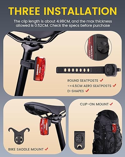 Miniatura 5 de RAVEMEN Luz trasera de bicicleta TR250, luz trasera de bicicleta de 250 lúmenes con 3 opciones de montaje, encendidoapagado automático y sensor de