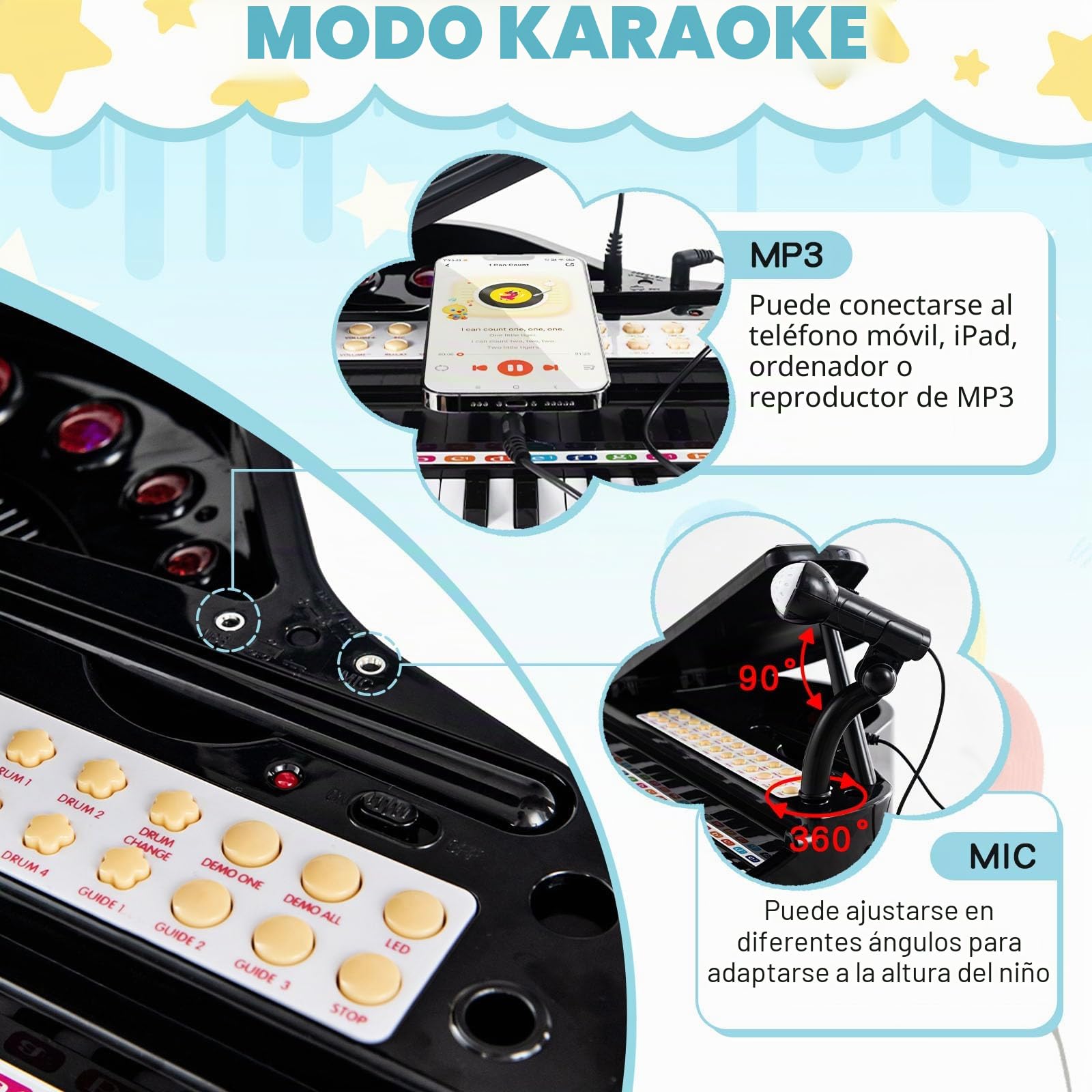 RELAX4LIFE Piano para niños con 31 teclas y taburete, teclado piano electrónico con micrófono ajustable, juguete musical regalo para niños a partir de 3 años (negro)