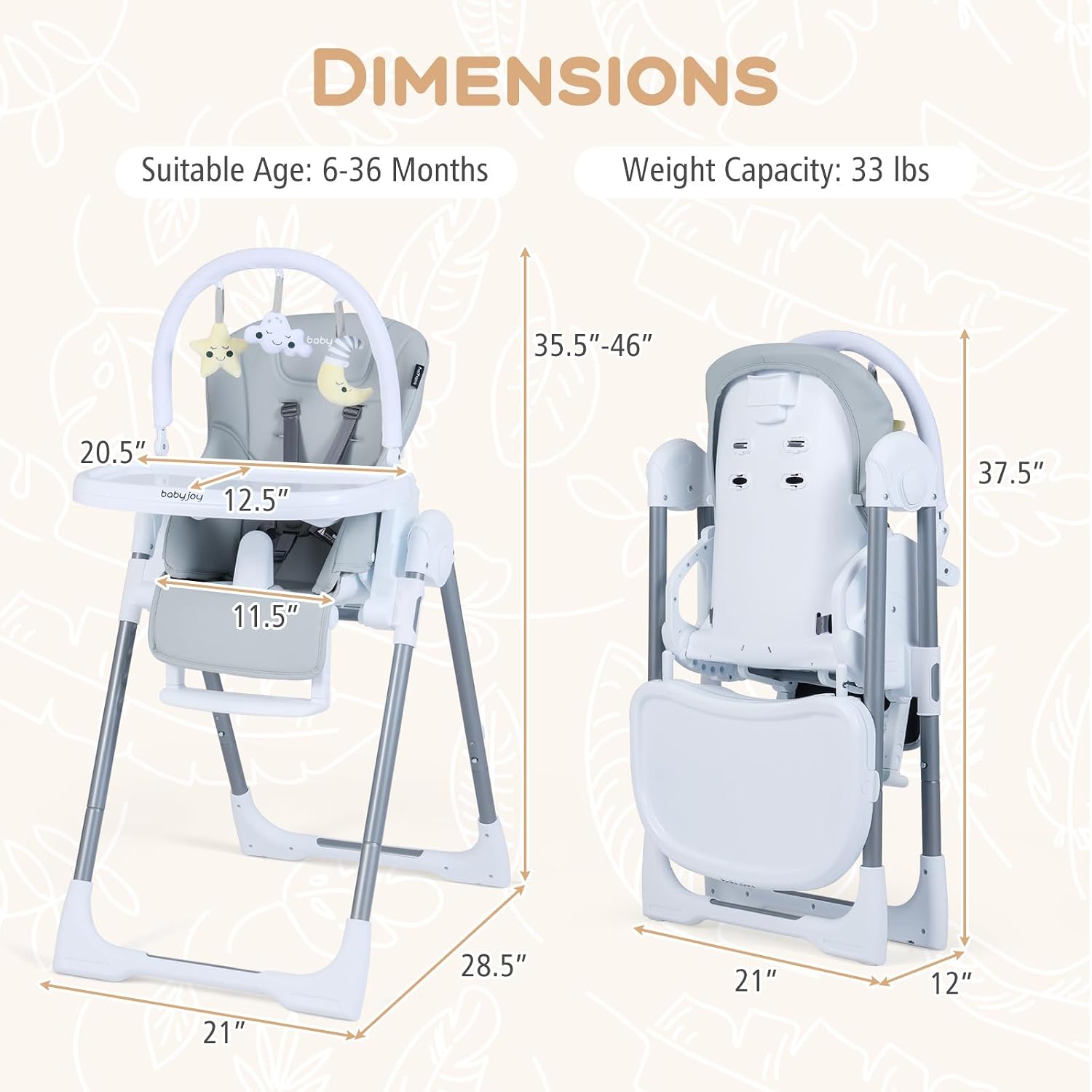 BABY JOY Foldable High Chair, Portable Highchairs for Babies and Toddlers with 7 Heights, 5 Recline Positions, Adjustable Foot Rest, Double Removable Tray & Built-in Wheels (Light Gray)