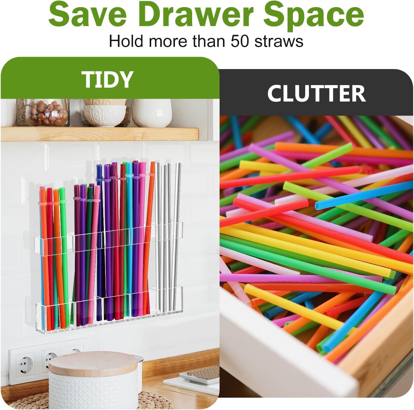 9.5” Large Acrylic Straw Holder for Cabinet Door, Reusable Tumbler Straw Organizer Storage, Small Kitchen Accessories Container, Ultra Sticky Cupboard Door Mounted - Image 7