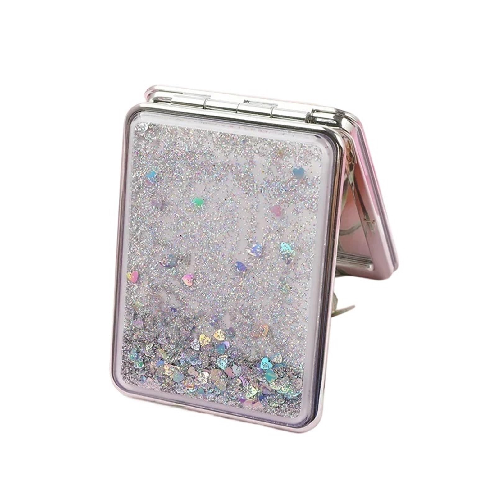 EXKURPOO Compact Mirror Portable Double-Sided Folding Makeup Mirror Women Gifts With Flowing Sparkling Sand Mini Cosmetic Mirrors for home(Square sliver)