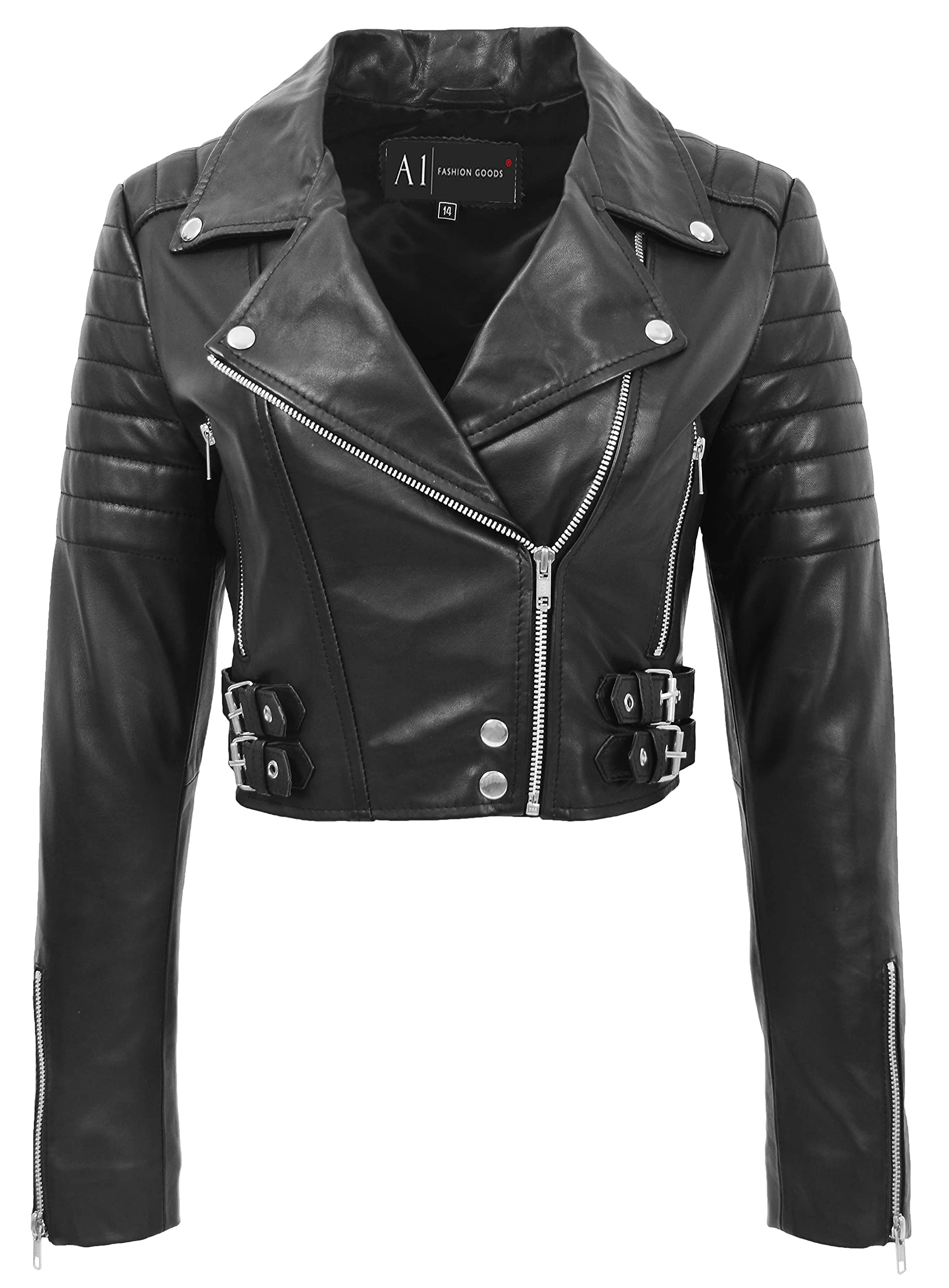 A1 Fashion Goods Damen-Bolero-Jacke aus Leder, tailliert, bauchfrei, verschiedene Farben, Erika, Schwarz, 44
