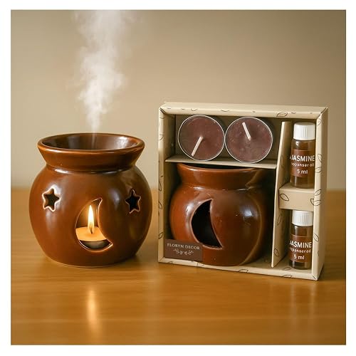 Floryn Decor Ceramic Oil Diffuser Set with 5ml Essential Oil & 2 Tealight Candles | Aromatherapy Burner for Home,Bedroom,Spa & Office | Relaxing Fragrance, Compact Size – Gift Pack (Brown)