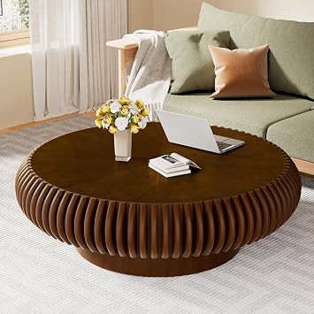 Round Drum Coffee Table with Sturdy Base Construction Walnut 80 cm Moderner Holz-Couchtisch mit Rillenmuster Runder Salontisch als Akzentstück für Wohnzimmer Wohnung Büro und Empfangsraum