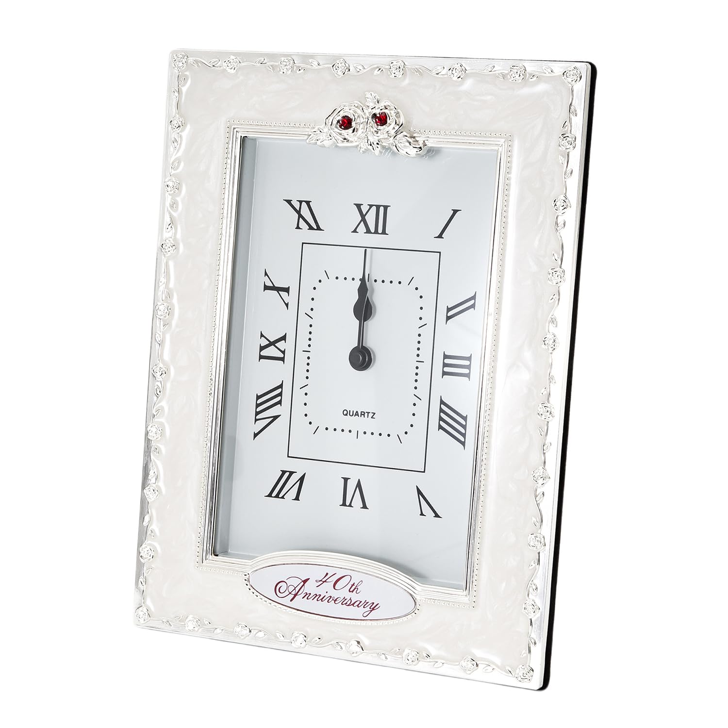 Happy Homewares Red Traditional 40Th Anniversary Clock In White Epoxy With Silver Plated Roses And Diamante Crystals | Quartz Technology