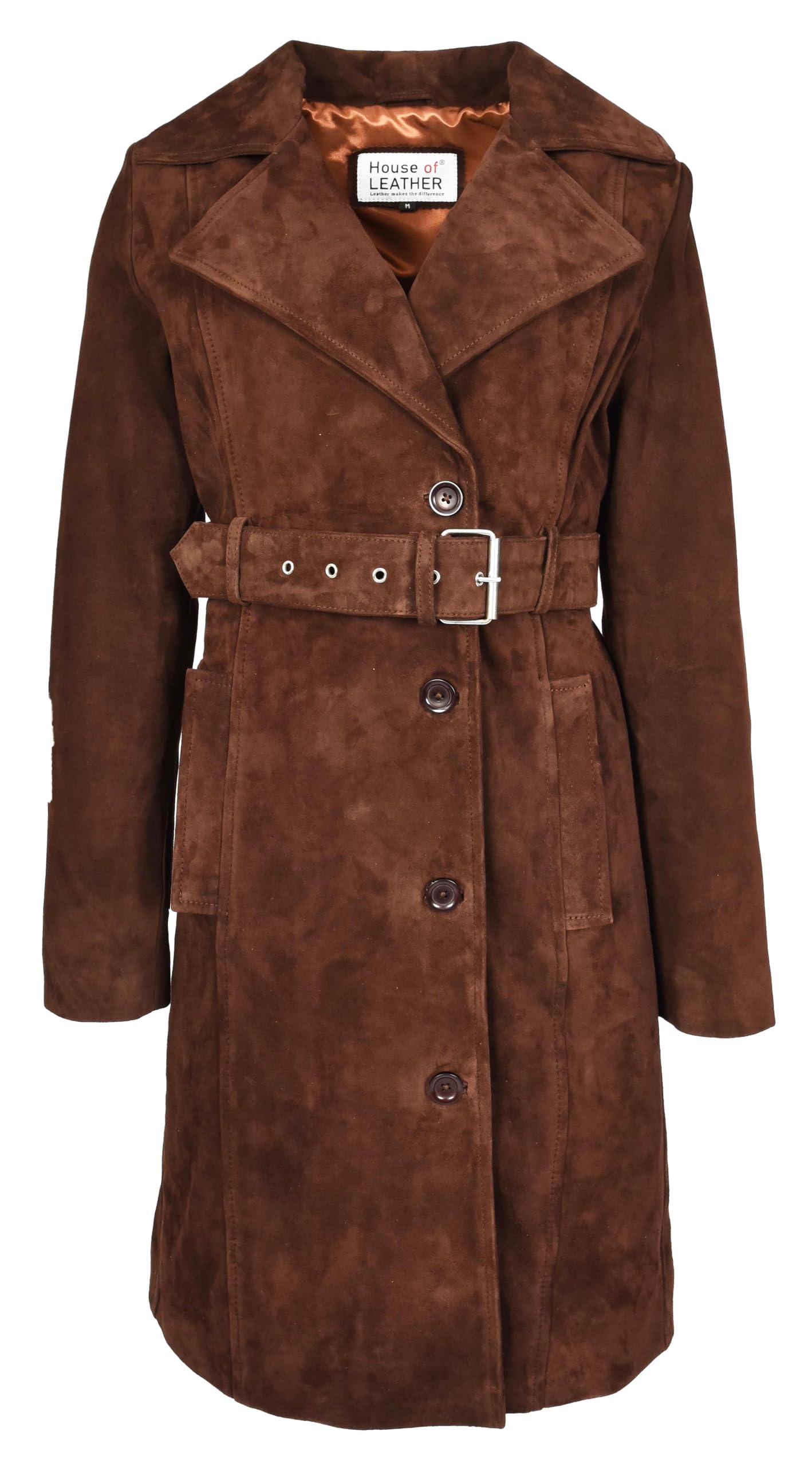 Womens Genuine Goat Suede Trench Coat 3 4 Length Button Front with Belt Foxy Rust Brown