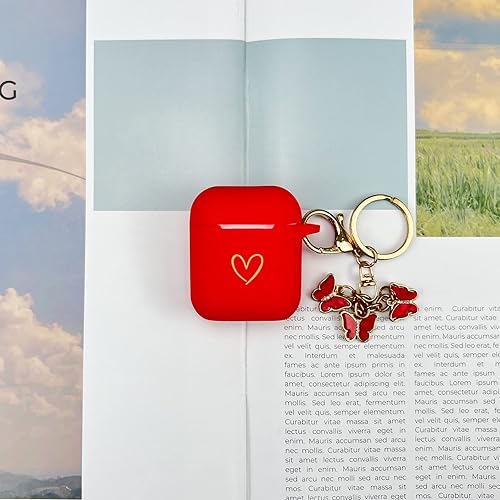 Miniatura 5 de Funda compatible con AirPods, funda de silicona suave con patrón de corazón dorado para AirPods de 2 y 1 generación con bonito llavero de mariposa