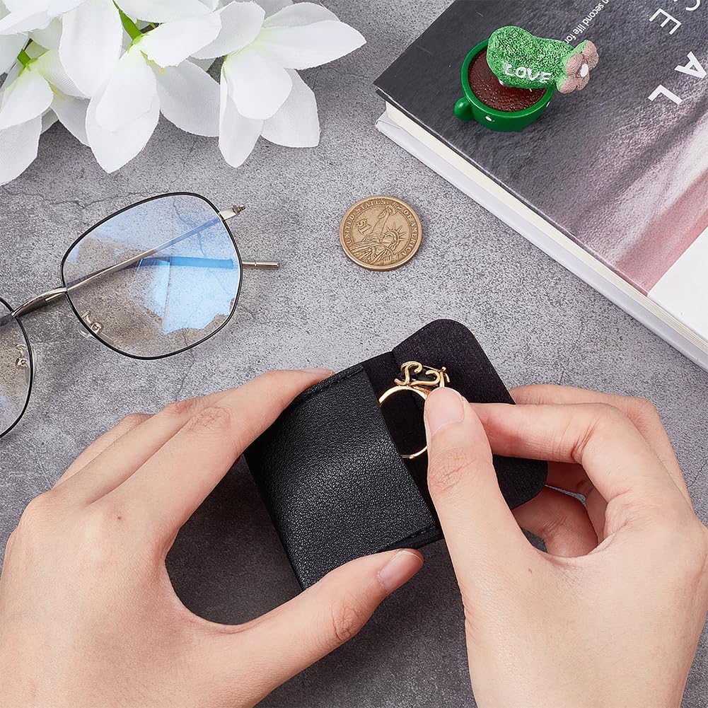 PH PandaHall 2pcs Leather Ring Pouch, Engagement Ring Case Cowhide Leather Jewelry Storage Bags Small Vintage Ring Pouch Wedding Ring Holder for Jewelry Ring Earring Storage, Black 2.3x2.2 Inch image 3