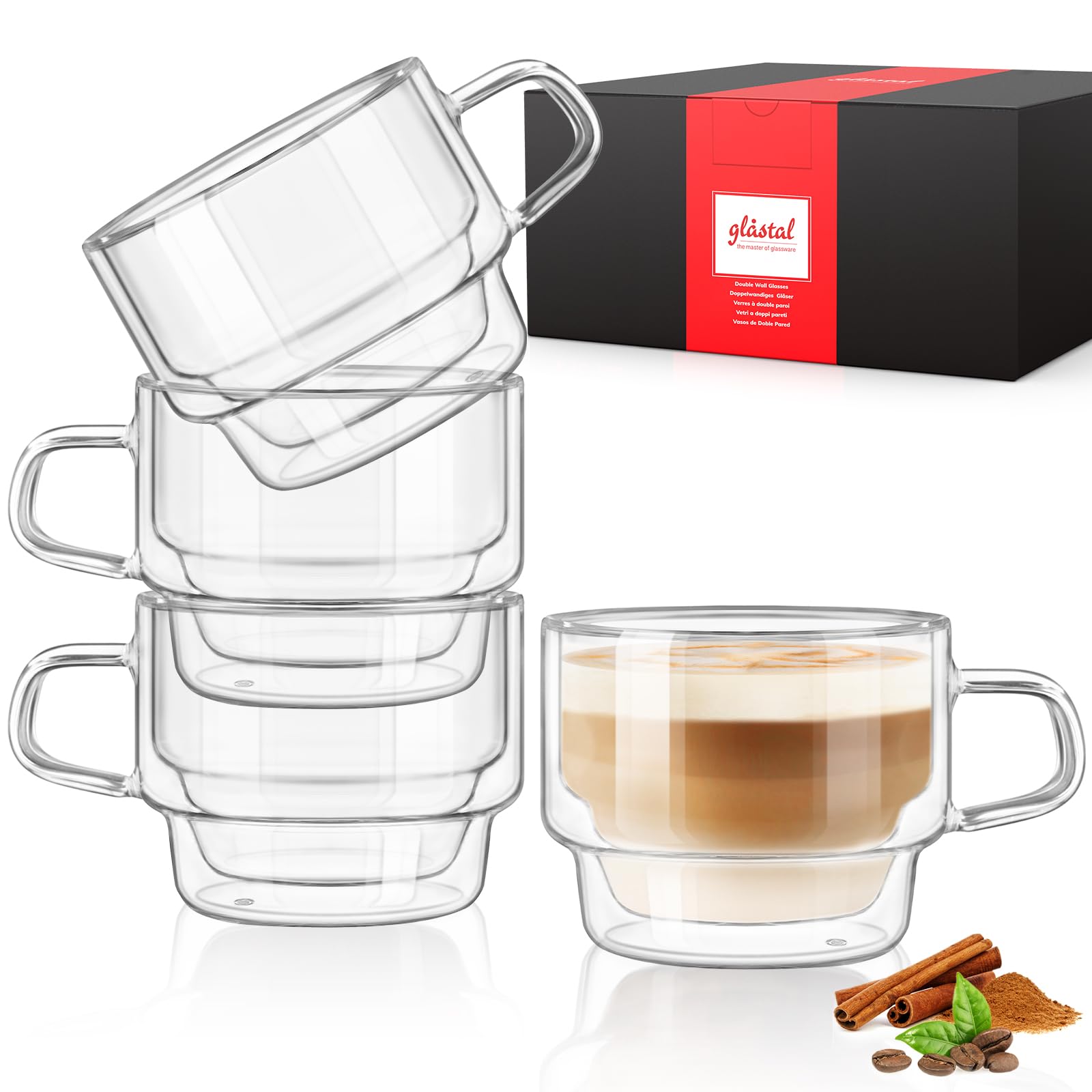 glastal 4 Pack 350ml Double Walled Coffee Cups Glasses Mugs, Stackable Glass Coffee Cups with Handle