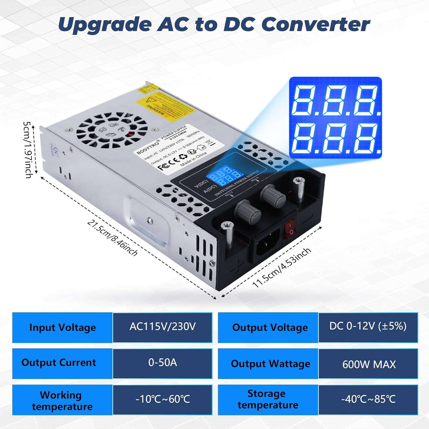 BOSYTRO 0-12V 0-50A 600W Adjustable AC to DC Power Supply with dimensions