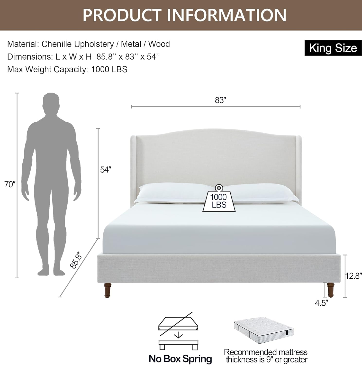 King Platform Bed with 54" Extra Tall Camelback Headboard, Heavy-Duty 1000lbs Metal & Wood Support, Premium Thick Chenille Wingback Design, Compatible with 8-16" Mattresses, No Box Spring, Ivory