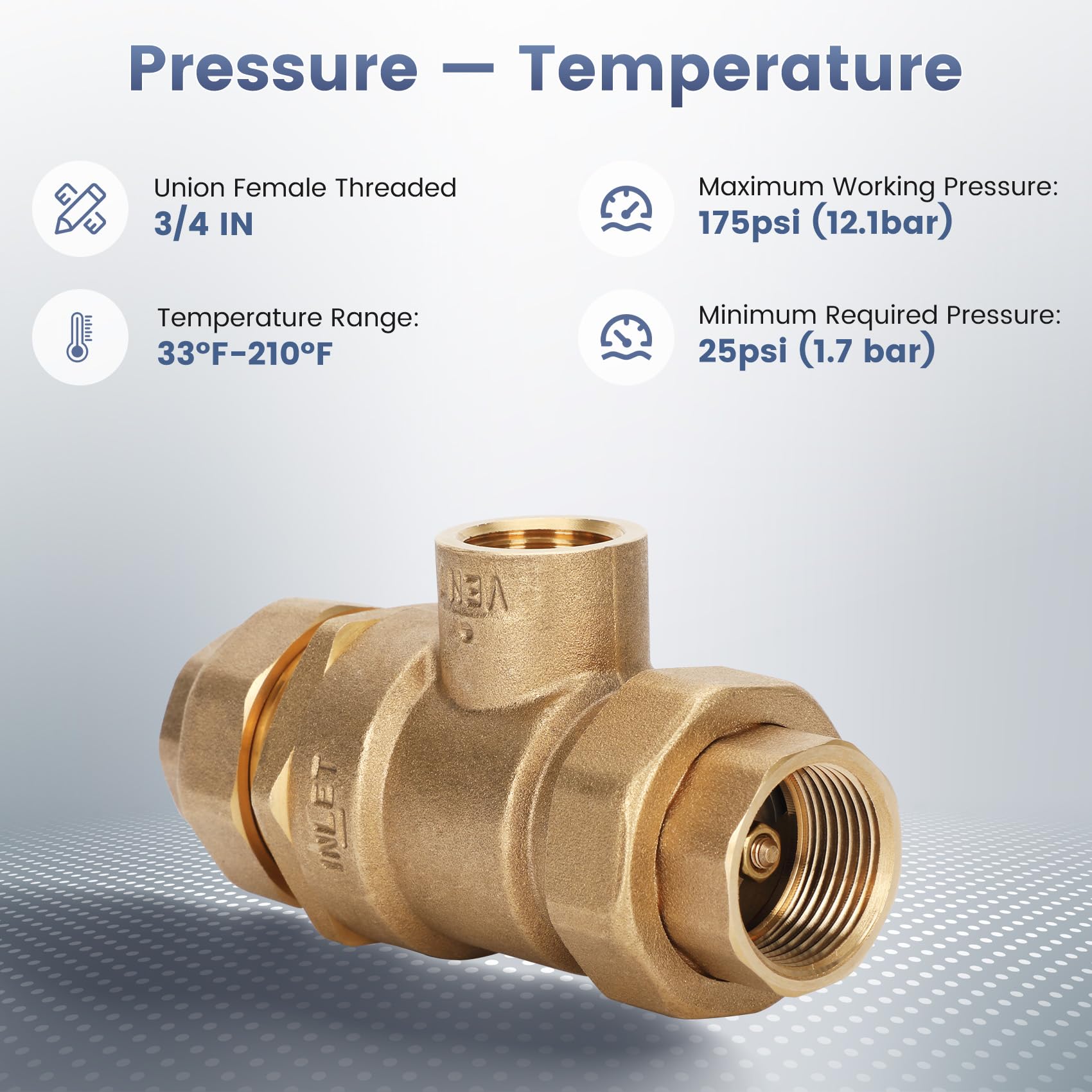 Clapet anti-retour M2 1,9 cm double clapet anti-retour avec aération atmosphérique intermédiaire, NPT femelle, laiton sans plomb, 25 psi-175 psi, acier inoxydable