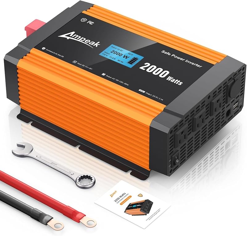 Inversor de Onda Sinusoidal Modificada de 2000W, 12V DC a 120V AC, 17 Protecciones | Sobretensión de 4000W, 3 Salidas AC, Doble USB 6.2A, Pantalla LCD, para Camión RV Emergencia Huracán