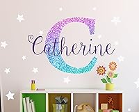 Vista 2 de Girls Nursery Shimmer Rainbow Printed Initial and Stars Custom Personalized Name and Initial Kids Vinyl Wall Decal, Wall Sticker Decor for Babies