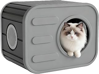 LHBcraft Outdoor Cat House Weatherproof, Feral Cat Houses for Outdoor Indoor Cats, Durable Resin Shelter with Camera-Shaped Design, Easy to Assemble Grey