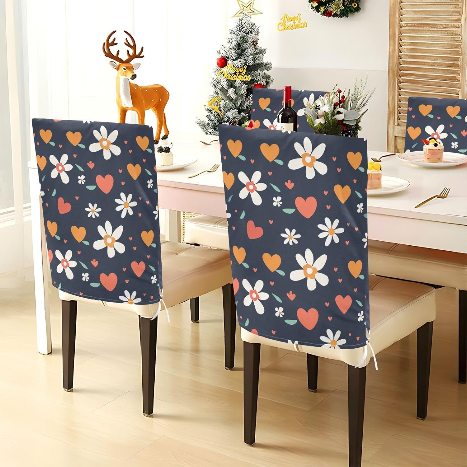 ALAZA Daisy Flowers Hearts Chair Back Cover Set of 6, Washable Reusable Removable Chair Slipcovers Decorative Chair Cover for Home Kitchen Wedding Party