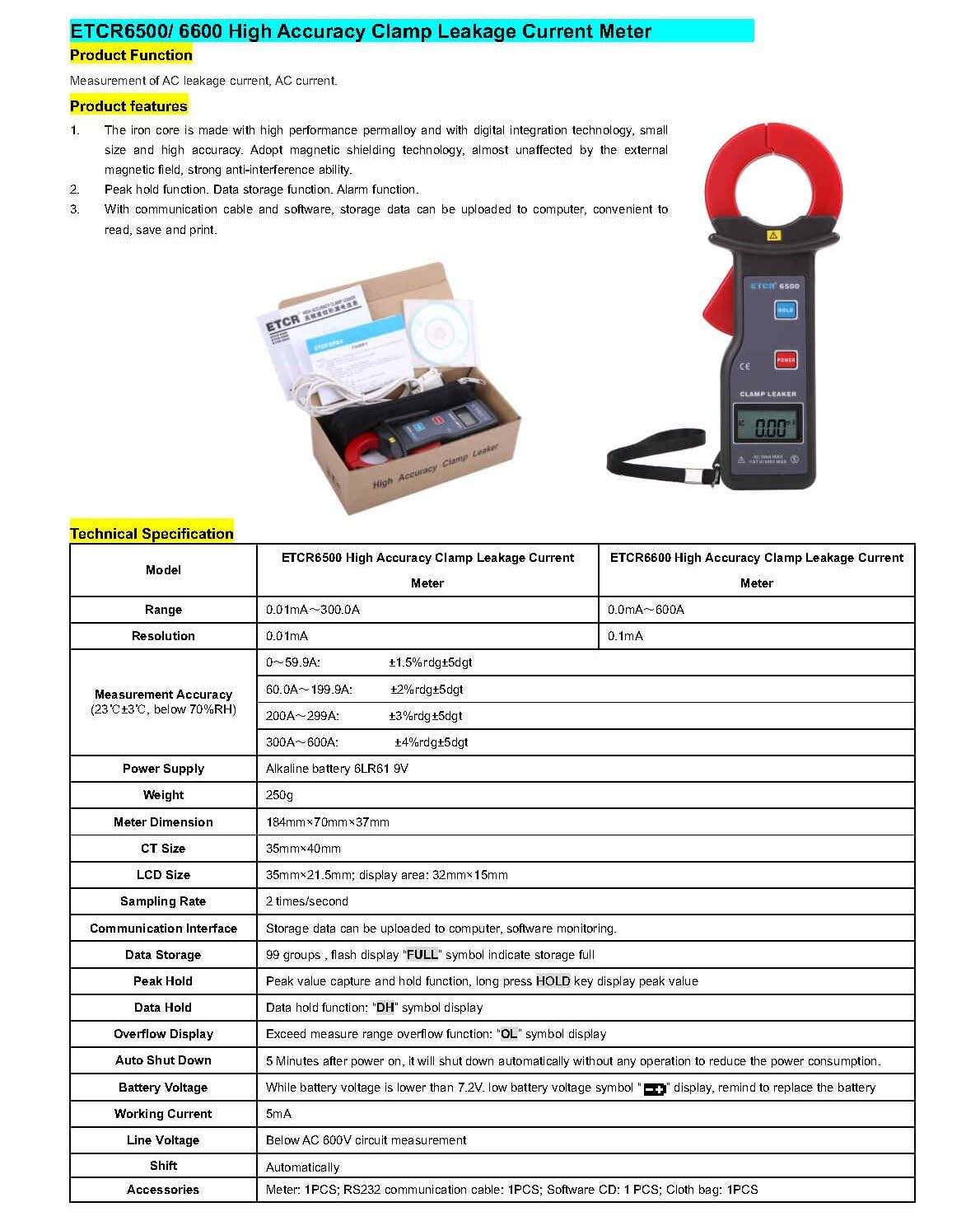 0,01mA-300,0A Leckstromzange Digital Hochgenaue Leckstromzange Hochgenaue Klemmenlecker AC-Leckstrommessung (ETCR6500)