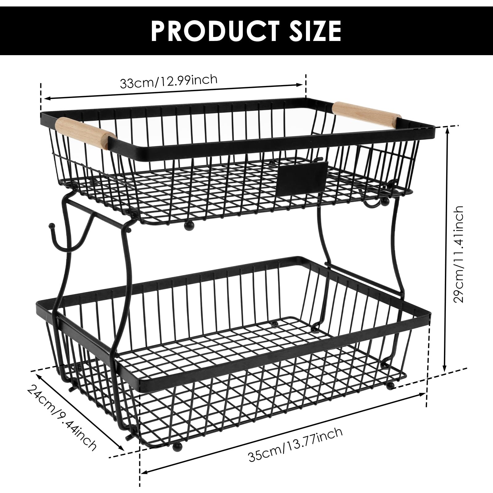 LSCSJUNS 2 Tiers Fruit Basket with Wood Handle Metal Fruit Bowl Countertop Vegetable Holder Rustproof Vegetable Basket with Banana Hook for Kitchens Veggies