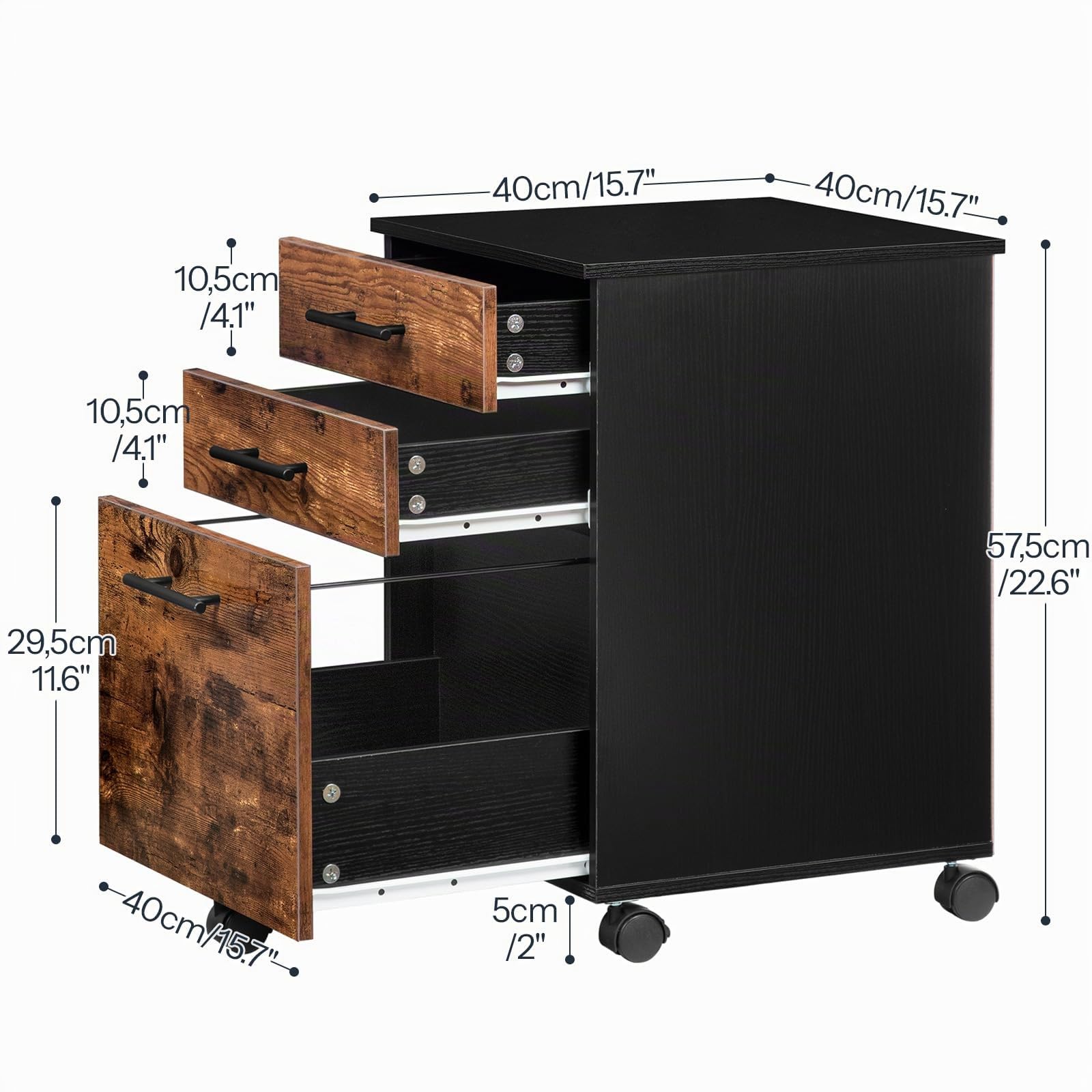 HOOBRO Rollcontainer, Rollen Aktenschrank mit 3 Schubladen, mobiler Büroschrank mit hängenden Aktenfächern, Büro, Dunkelbraun und Schwarz EBF02WJ01G1