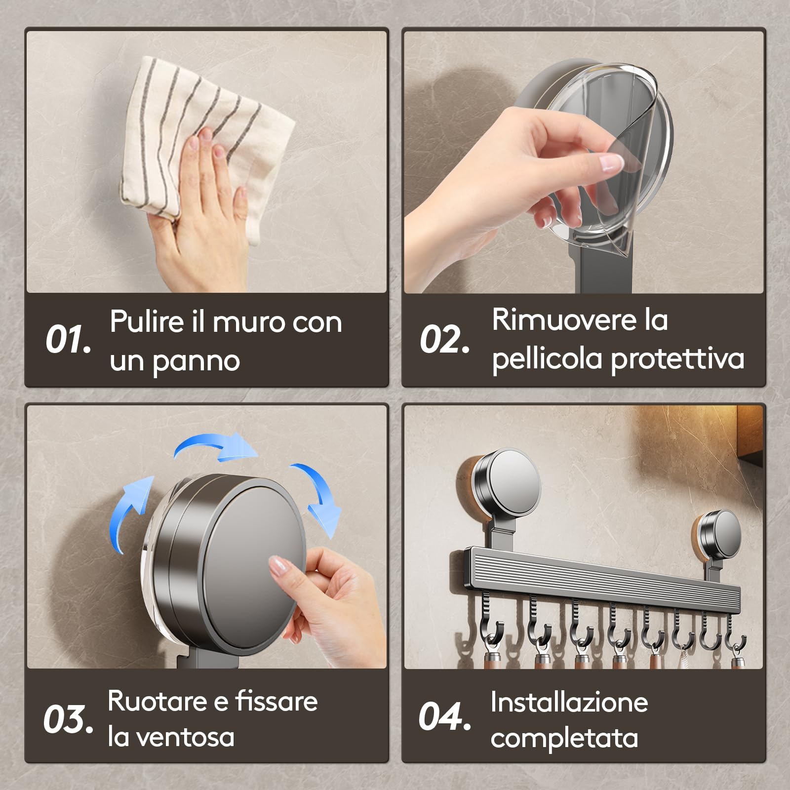 Barra a gancio per cucina senza foratura con ventosa | 8 ganci, lunghezza 40 cm, portata 20 kg, installazione in 1 minuto | Barra a gancio rimovibile inossidabile per utensili da cucina
