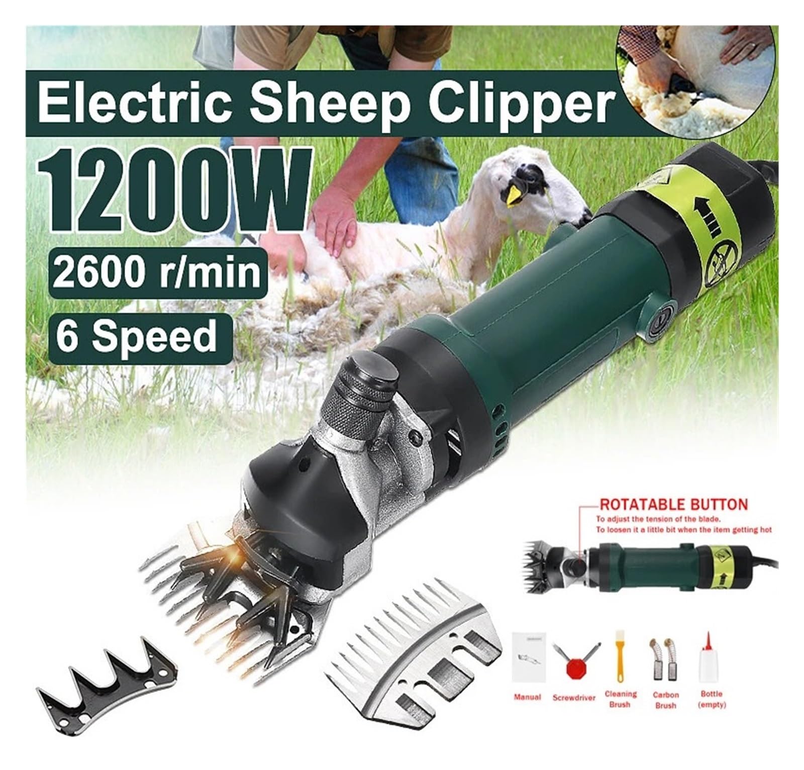 Tosatrice elettrica for pecore da 1200 W a 6 velocità, for rasare la lana di pelliccia nelle pecore per Rasatura Pelliccia Lana Fattoria Bestiame Anim
