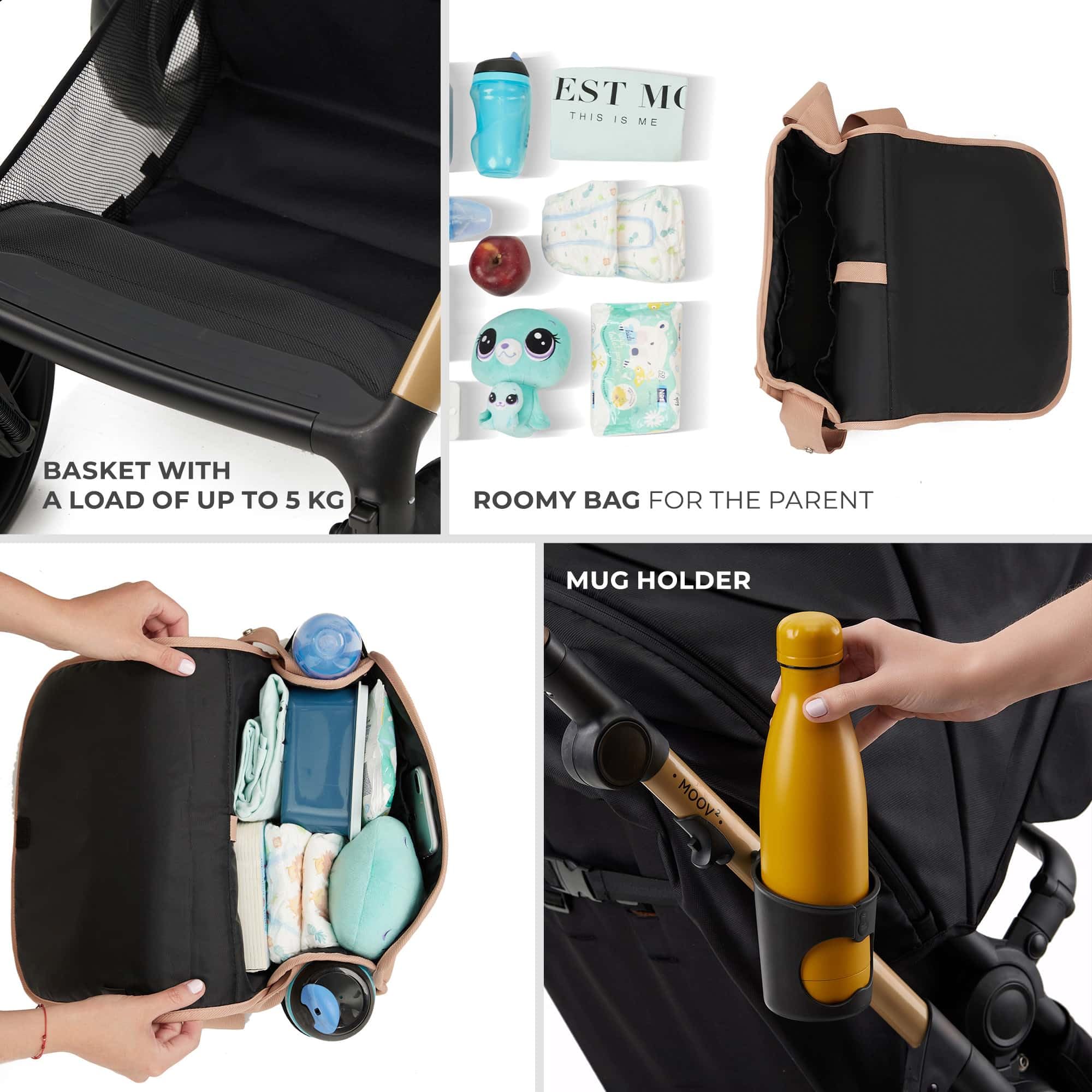 Kinderkraft MOOV 2 AIR, carrito 4 en 1 con capazo y silla de paseo 2 en 1, ruedas hinchables todoterreno, Travel System con MINK PRO i-Size, hasta 22 kg, Beige