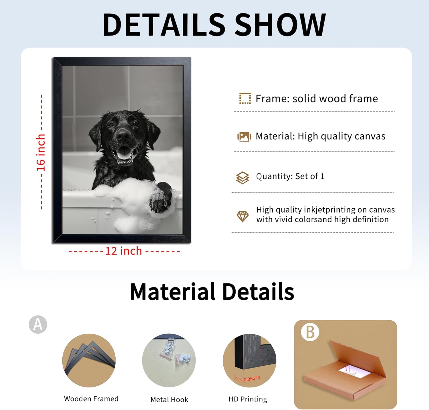 ARKZSHO Black and White Dog Bathroom Wall Art, Funny Labrador in Bathtub Canvas Print Poster, Cute Animal Wall Decor Picture for Bathroom, Restroom, or Laundry Room (Black Wood Framed 16''x12'')