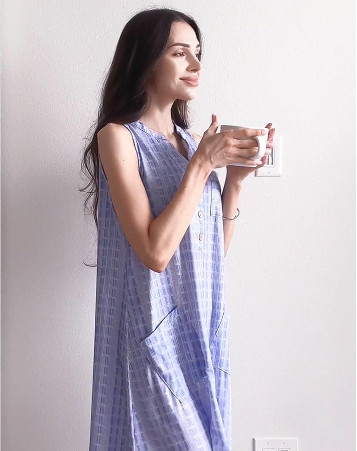 Women Casual Dress Summer Stripe Button V Neck Sleeveless with Pocket Long Dresses Holiday Beach Party Midi Dress