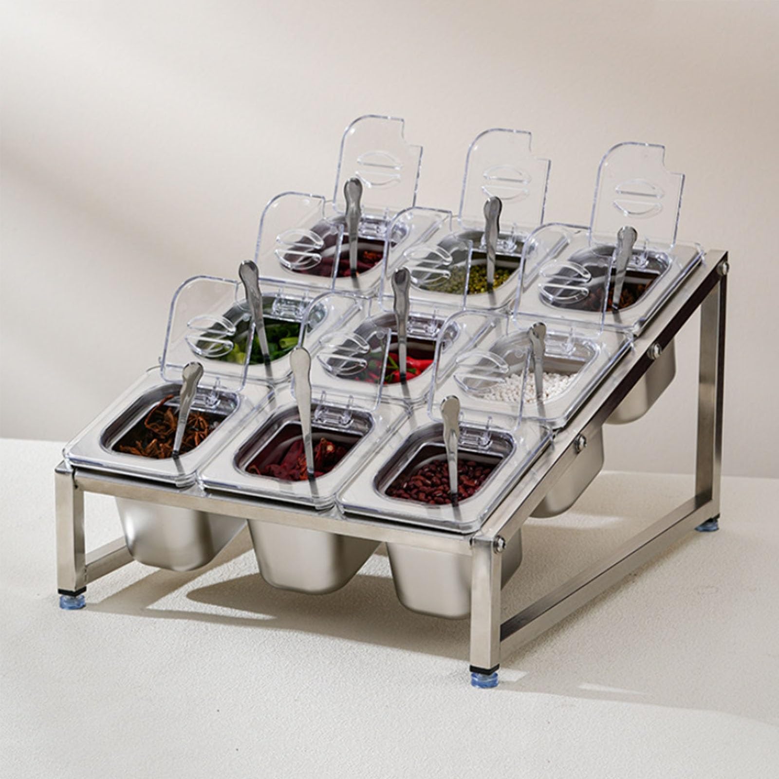HADECOLL 3-Tier Pizza Topping Station, Stainless Steel Spice Rack With Lid & Spoon, Adjustable Height Commercial Organizer For Kitchen Buffets
