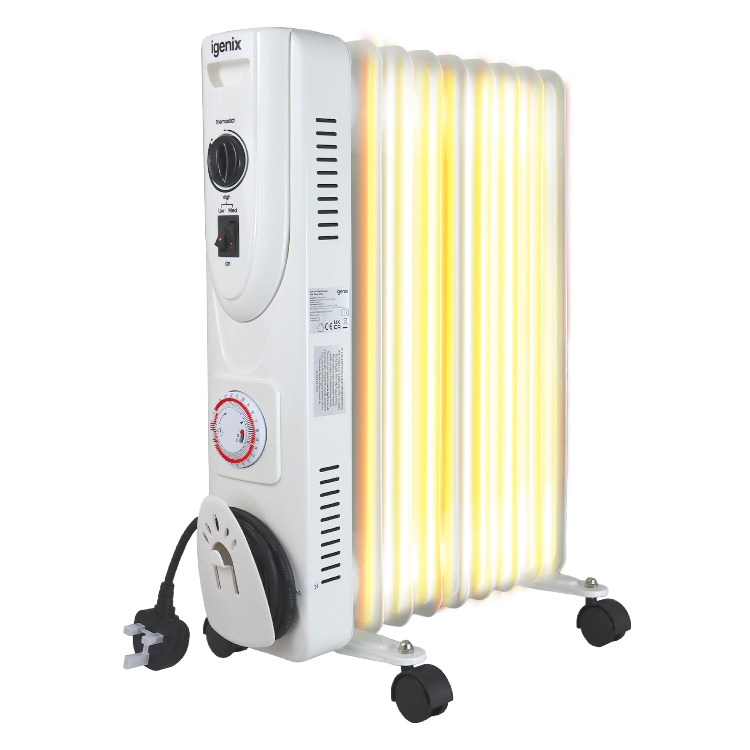 Igenix IGHO02620W 2kW Oil Filled Radiator with Timer – 9 Fins, Electric Heater, Adjustable Heat Setting, Portable Design, 1.4m Cable – White