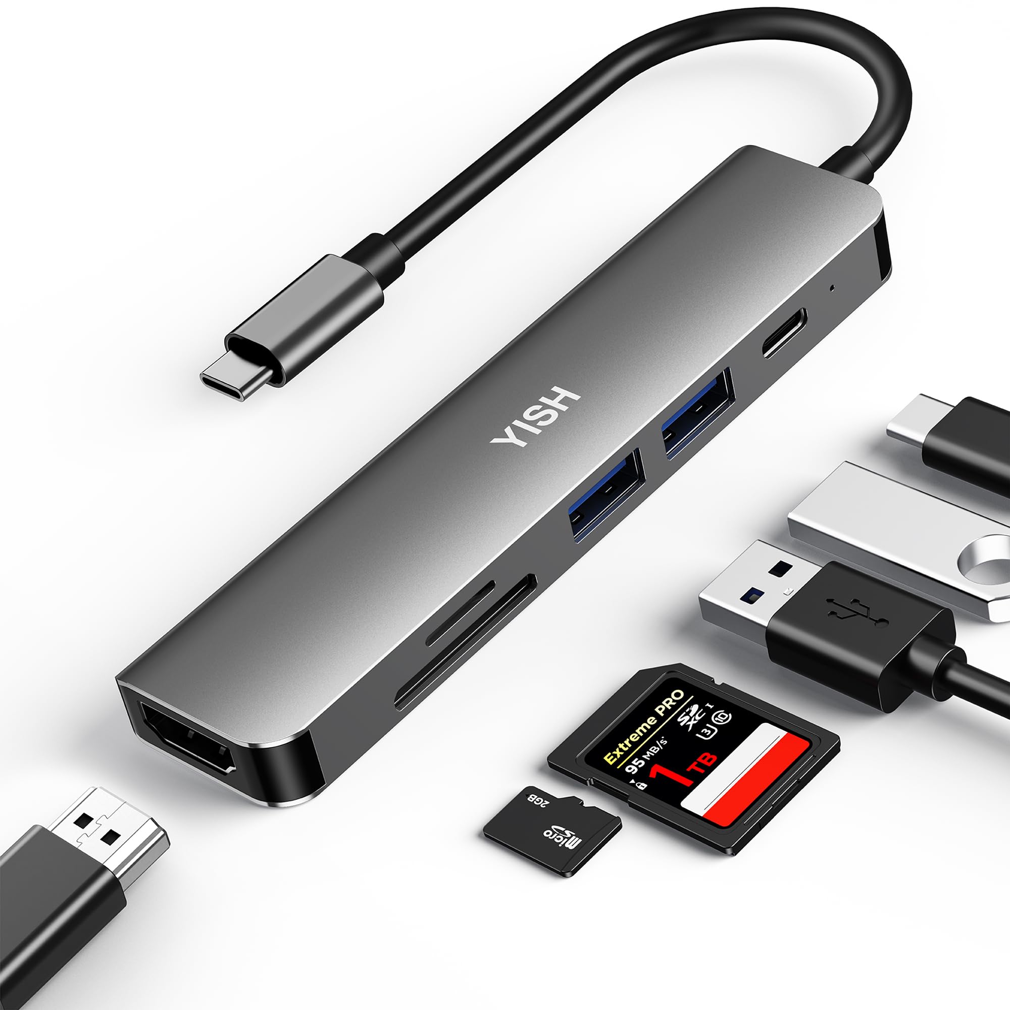 YISH USB C Hub 6-in-1: USB-C Hub with PD100W,4K HDMI,2 x USB A,SD/TF Card Reader for Desktop PC, Laptop, Keyboard, U Disk, Mobile HDD Grey