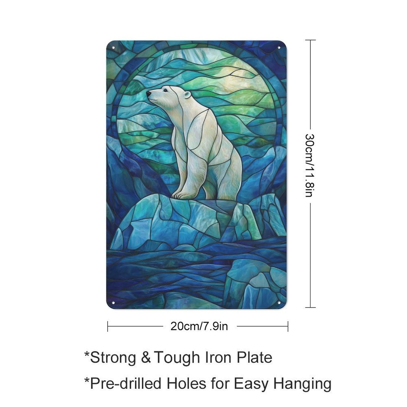 Junmoney Polar Bear Stained Glass Tin Wall Sign With Design 30X20cm, Classic Bistro Wall Plaque For Bakery, Diner, Cafe Or Family Room